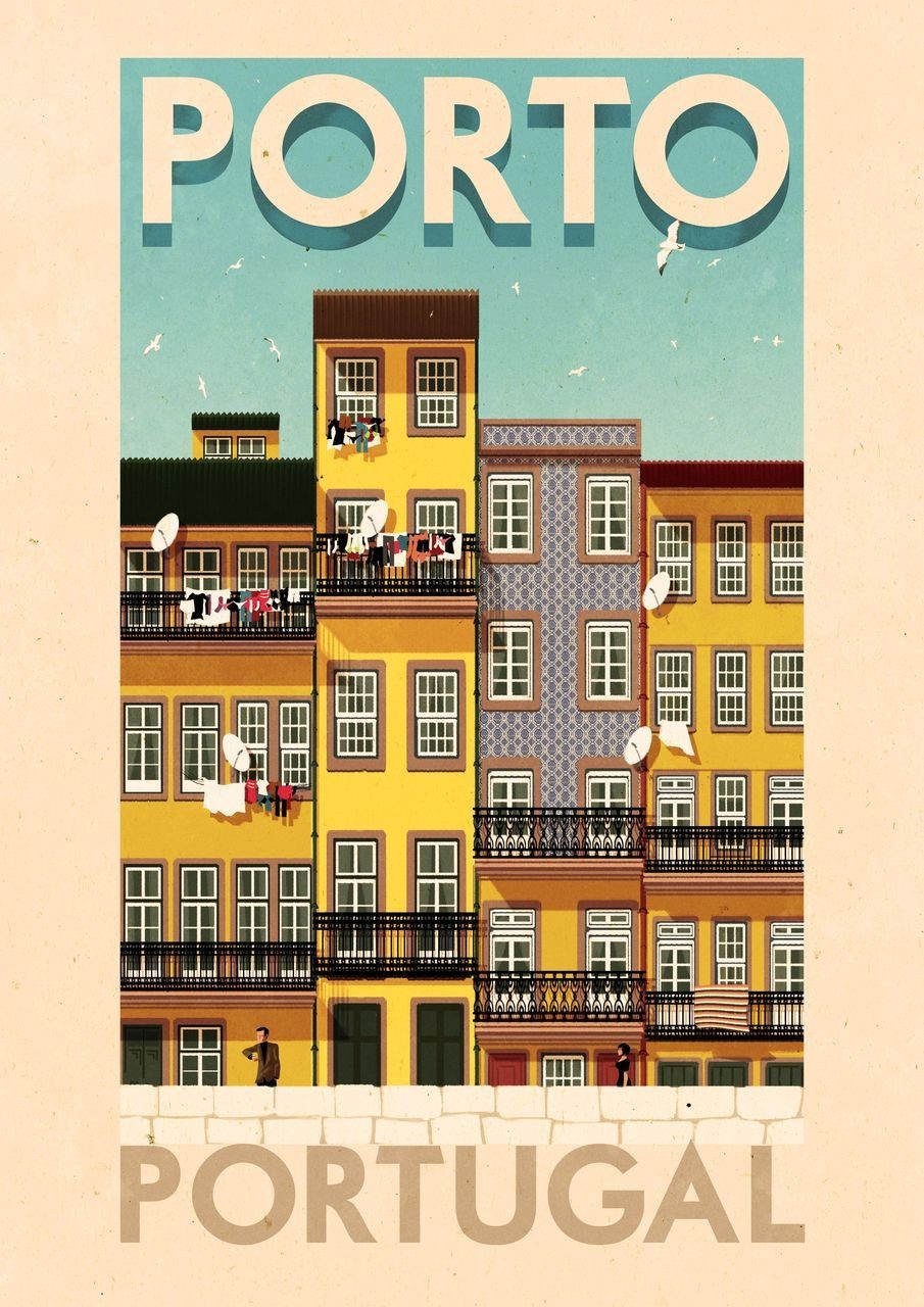 Illustration of colorful buildings in Porto, Portugal with balconies and hanging laundry.