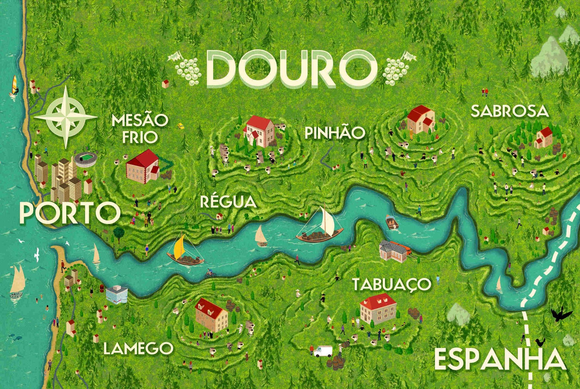 Illustrated map of Douro region in Portugal, featuring towns, vineyards, and river.